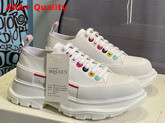 Alexander Mcqueen Tread Slick Lace Up Sneaker in White Cotton Canvas with Multicolor Riverts Replica