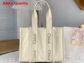 Chloe Large Woody Tote Bag in Dusty Ivory Recycled Nylon with Chloe Logo Replica