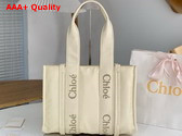 Chloe Medium Woody Tote Bag in Dusty Ivory Recycled Nylon with Chloe Logo Replica