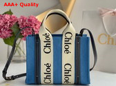 Chloe Small Woody Tote Bag in Light Blue Denim and Black Shiny Calfskin with Woody Ribbon Replica