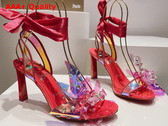 Christian Louboutin Flora Sandal in Iridescent PVC and Satin Red Replica