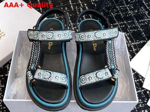 Dior D Wave Sandal Denim Blue Multicolor Embroidered Cotton with Butterfly Bandana Motif Replica