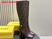 Fendi Delfina High Heeled Boots in Brown FF Jacquard Nylon and Leather Replica