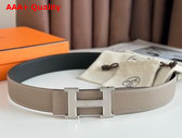 Hermes H Guillochee Belt Buckle Reversible Leather Strap 38mm Light Grey and Black Epsom Calfskin Replica