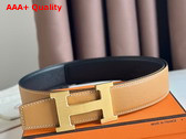 Hermes H Guillochee Belt Buckle Reversible Leather Strap 38mm Tan and Black Box Calfskin Replica