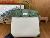 Hermes Hac 40 Handbag in Beige Canvas and Green Swift Calfskin Replica