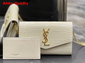 Saint Laurent Uptown Chain Wallet in Blanc Vintage Crocodile Embossed Shiny Leather Replica
