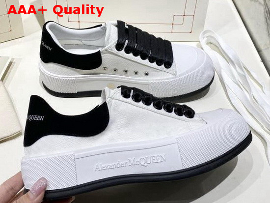 Alexander McQueen Deck Lace Up Plimsoll White Cotton and Black Calf Leather Replica