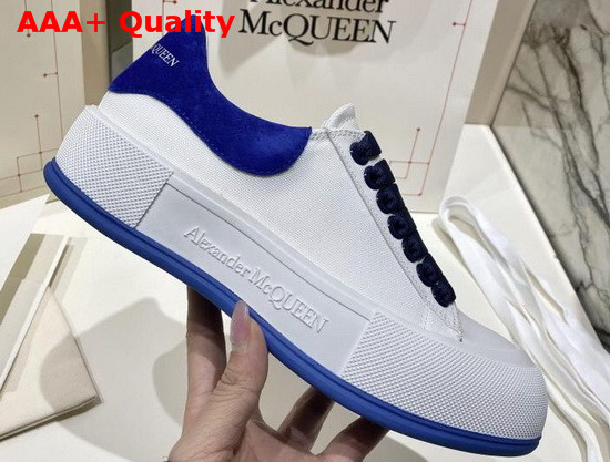 Alexander McQueen Deck Lace Up Plimsoll White Cotton and Blue Suede Calf Leather Replica