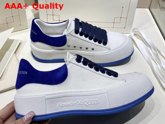 Alexander McQueen Deck Lace Up Plimsoll White Cotton and Blue Suede Calf Leather Replica