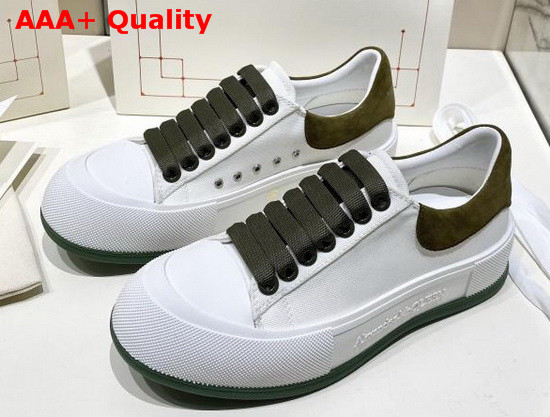 Alexander McQueen Deck Lace Up Plimsoll White Cotton and Khaki Suede Calf Leather Replica