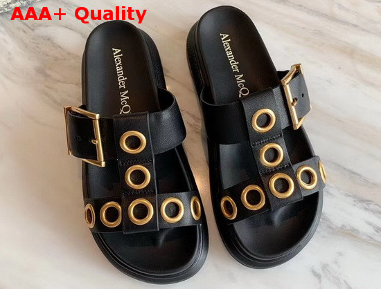 Alexander McQueen Hybrid Slide Black Vegetan Leather Slide Featuring Gold Finished Eyelets and an Oversized Rubber Sole Replica