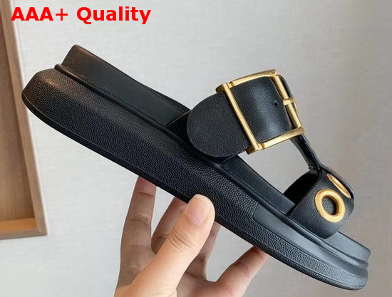 Alexander McQueen Hybrid Slide Black Vegetan Leather Slide Featuring Gold Finished Eyelets and an Oversized Rubber Sole Replica