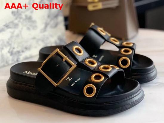 Alexander McQueen Hybrid Slide Black Vegetan Leather Slide Featuring Gold Finished Eyelets and an Oversized Rubber Sole Replica