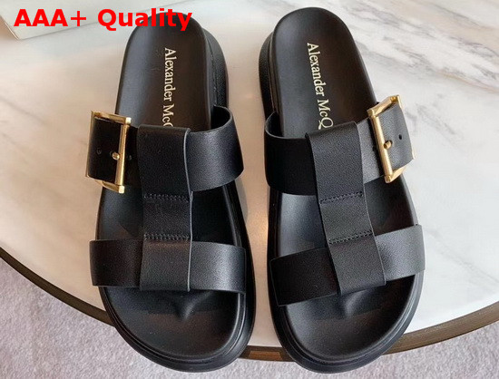 Alexander McQueen Hybrid Slide Black Vegetan Leather Slide Featuring Gold Hardware and an Oversized Rubber Sole Replica