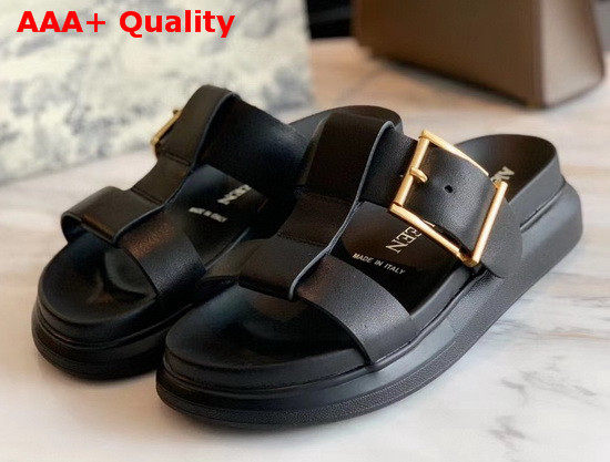 Alexander McQueen Hybrid Slide Black Vegetan Leather Slide Featuring Gold Hardware and an Oversized Rubber Sole Replica