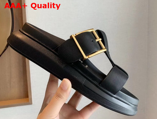 Alexander McQueen Hybrid Slide Black Vegetan Leather Slide Featuring Gold Hardware and an Oversized Rubber Sole Replica