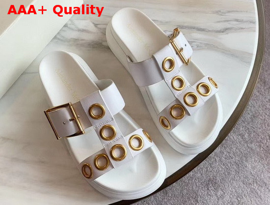 Alexander McQueen Hybrid Slide White Vegetan Leather Slide Featuring Gold Finished Eyelets and an Oversized Rubber Sole Replica