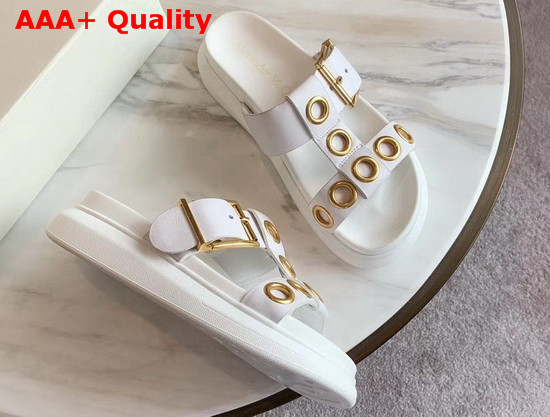 Alexander McQueen Hybrid Slide White Vegetan Leather Slide Featuring Gold Finished Eyelets and an Oversized Rubber Sole Replica