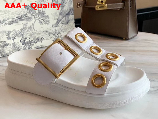 Alexander McQueen Hybrid Slide White Vegetan Leather Slide Featuring Gold Finished Eyelets and an Oversized Rubber Sole Replica