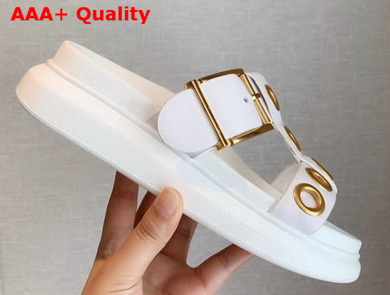 Alexander McQueen Hybrid Slide White Vegetan Leather Slide Featuring Gold Finished Eyelets and an Oversized Rubber Sole Replica