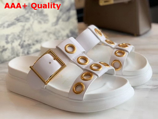 Alexander McQueen Hybrid Slide White Vegetan Leather Slide Featuring Gold Finished Eyelets and an Oversized Rubber Sole Replica