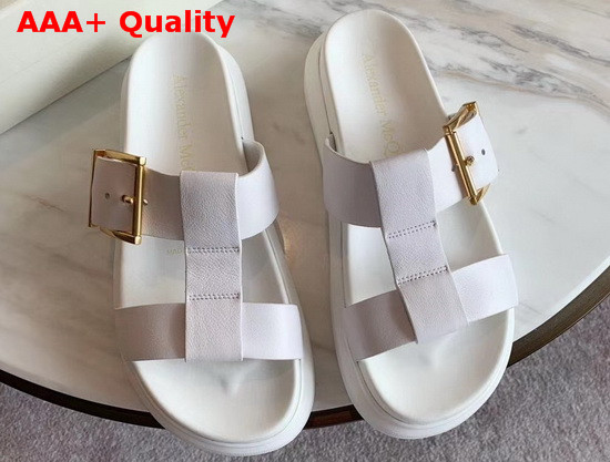 Alexander McQueen Hybrid Slide White Vegetan Leather Slide Featuring Gold Hardware and an Oversized Rubber Sole Replica