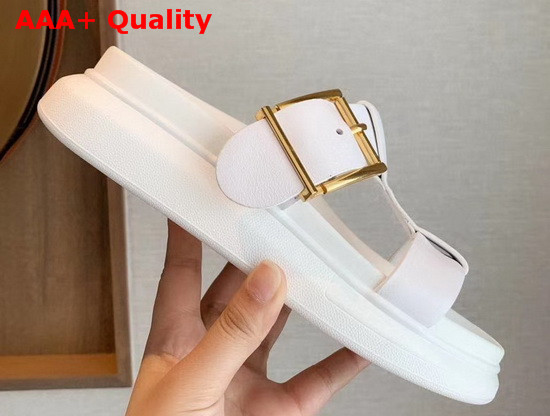 Alexander McQueen Hybrid Slide White Vegetan Leather Slide Featuring Gold Hardware and an Oversized Rubber Sole Replica