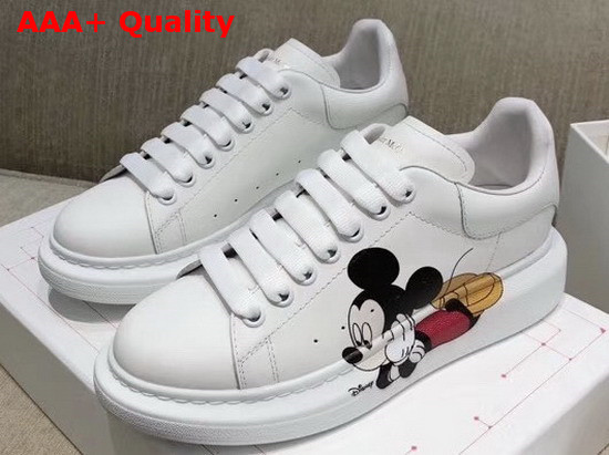 Alexander McQueen Oversized Sneaker in White Calf Leather with Mickey Mouse Print Replica