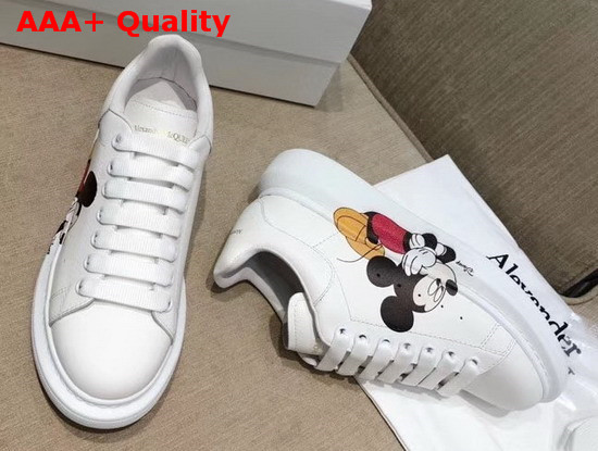 Alexander McQueen Oversized Sneaker in White Calf Leather with Mickey Mouse Print Replica