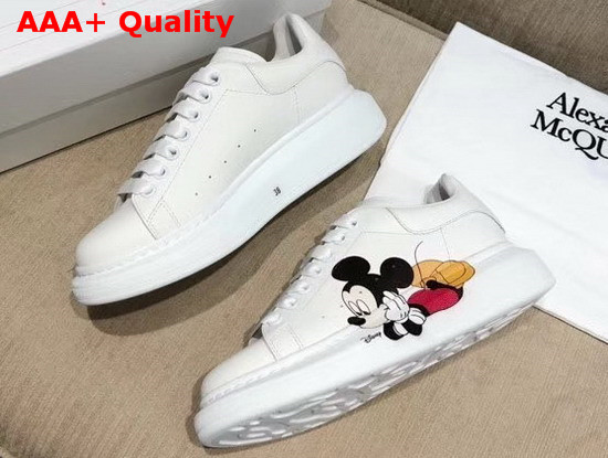 Alexander McQueen Oversized Sneaker in White Calf Leather with Mickey Mouse Print Replica