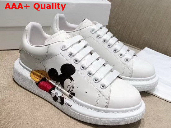 Alexander McQueen Oversized Sneaker in White Calf Leather with Mickey Mouse Print Replica