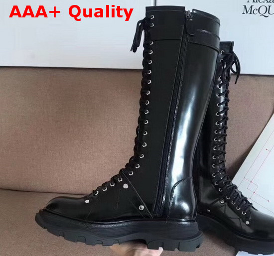 Alexander McQueen Tread Lace Up Knee High Boot in Black Shiny Calfskin Replica