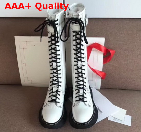 Alexander McQueen Tread Lace Up Knee High Boot in White Shiny Calfskin Replica