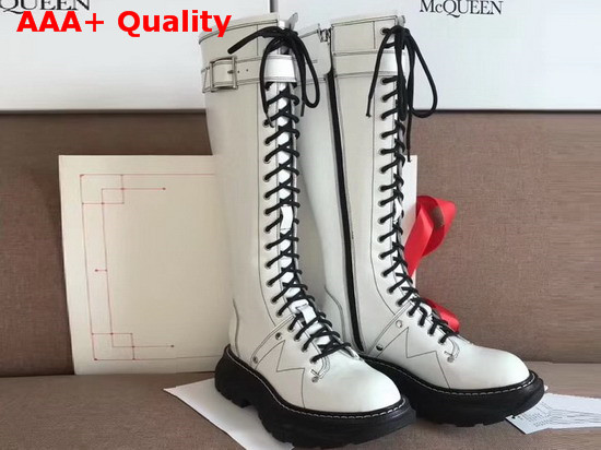 Alexander McQueen Tread Lace Up Knee High Boot in White Shiny Calfskin Replica