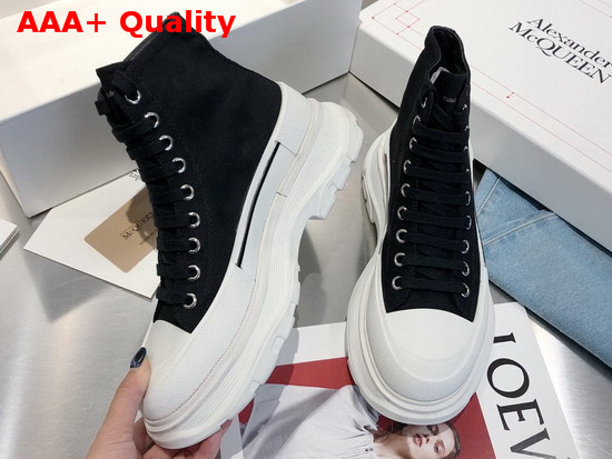 Alexander McQueen Tread Slick Boot Black Canvas Lace Up Boot with a Contrasting White Lightweight Oversized Ruber Tread Sole Replica