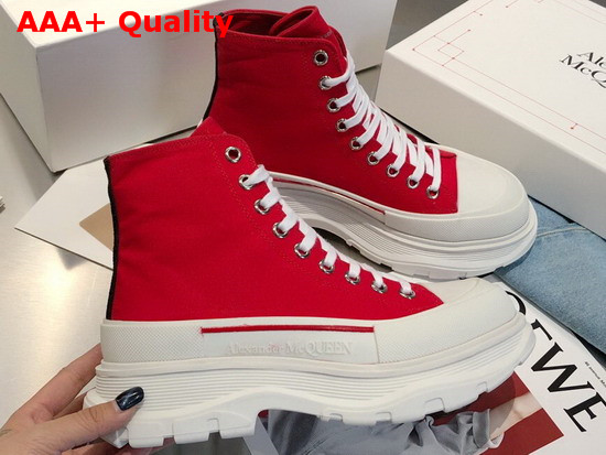 Alexander McQueen Tread Slick Boot Lust Red Canvas Lace Up Boot with a Thick Oversized Ruber Tread Sole Replica