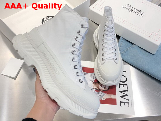 Alexander McQueen Tread Slick Boot White Canvas Lace Up Boot with a Lightweight Oversized Ruber Tread Sole Replica