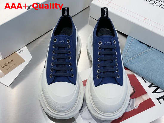 Alexander McQueen Tread Slick Lace Up Ink Blue Canvas Lace Up with a Thick Oversized Rubber Tread Sole Replica