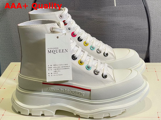 Alexander Mcqueen Tread Slick Lace Up High Top Sneaker in White Cotton Canvas with Multicolor Riverts Replica