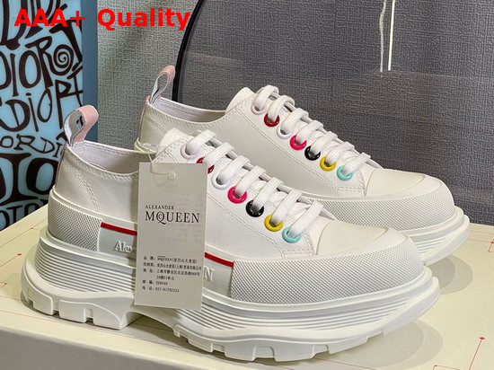 Alexander Mcqueen Tread Slick Lace Up Sneaker in White Cotton Canvas with Multicolor Riverts Replica