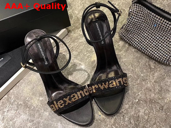 Alexander Wang Jane Logo Sandal in Black with Gold Glass Crystal Logo Replica