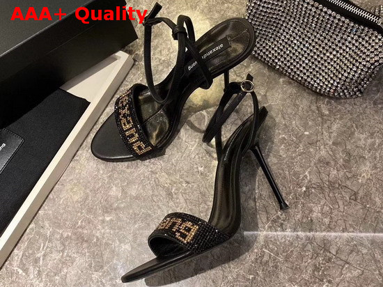 Alexander Wang Jane Logo Sandal in Black with Gold Glass Crystal Logo Replica