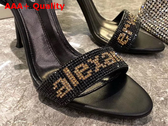 Alexander Wang Jane Logo Sandal in Black with Gold Glass Crystal Logo Replica