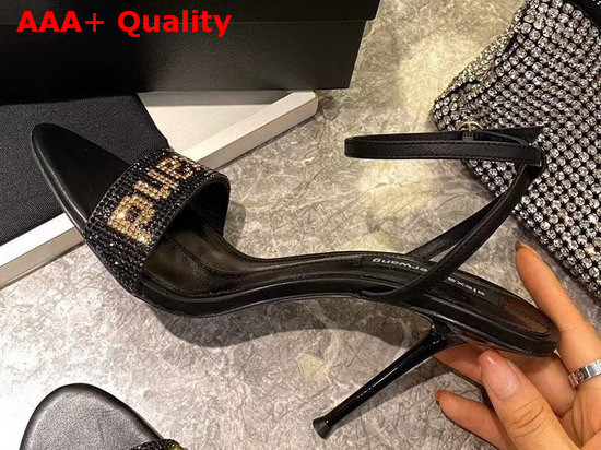 Alexander Wang Jane Logo Sandal in Black with Gold Glass Crystal Logo Replica