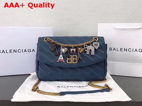 Balenciaga BB Round M Blue Calfskin Emboridered Balenciaga Logo Replica