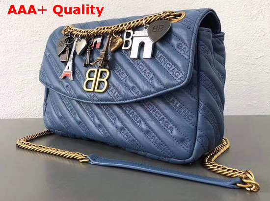 Balenciaga BB Round M Blue Calfskin Emboridered Balenciaga Logo Replica