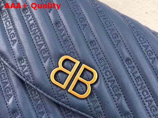 Balenciaga BB Round M Blue Calfskin Emboridered Balenciaga Logo Replica