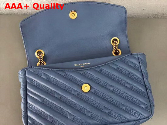 Balenciaga BB Round M Blue Calfskin Emboridered Balenciaga Logo Replica