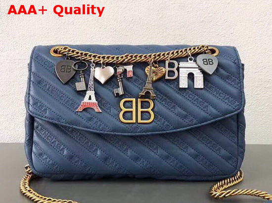 Balenciaga BB Round M Blue Calfskin Emboridered Balenciaga Logo Replica